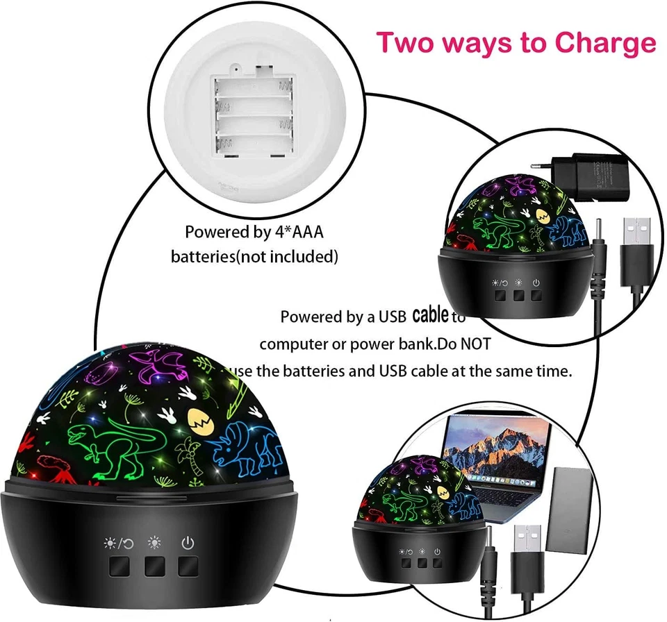 MINGKIDS Luz de Noche para Niños, Lámpara Proyector Giratoria 2 en 1 con Dino y Vehículos Foto 2 de 4