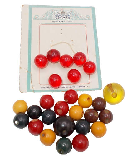 27 Vintage BAKELITE Plastic Pristal Ball Buttons Red Yellow Black Green Brown - Picture 2 of 13