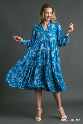 #ad Blue Turquoise Umgee Floral Print Tiered Midi Dress with Ruffle V Neck $39.99