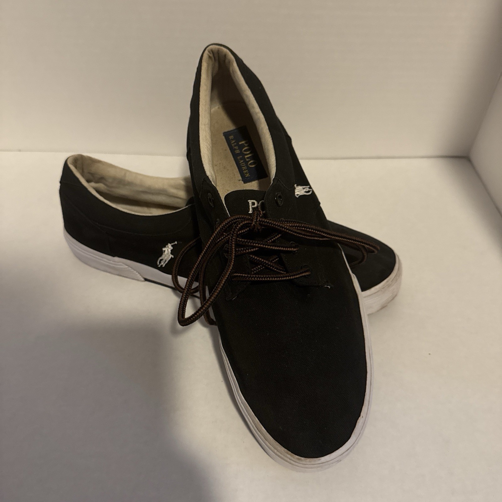 Scarpe Polo Ralph Lauren nere in tela stringate in feltro taglia 10 5D pony ricamate