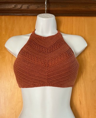 WOMEN'S XHILARATION RUST CROCHET KNIT HIGH NECK HALTER BIKINI TOP - D / DD