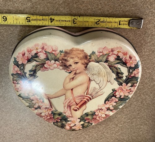 Heart Shaped Candy Tin Hong Kong Cherub Angel Cupid Valentine VTG 5.5x5.5x1.5 - Picture 8 of 8