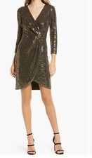 New Eliza J V Neck Sequin Wrap Gold Black Dress sz 6p