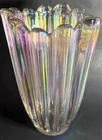 Vtg Iridescent Lustre Ribbed Panelled Federal Glass 8" Vase Celestial Scalloped