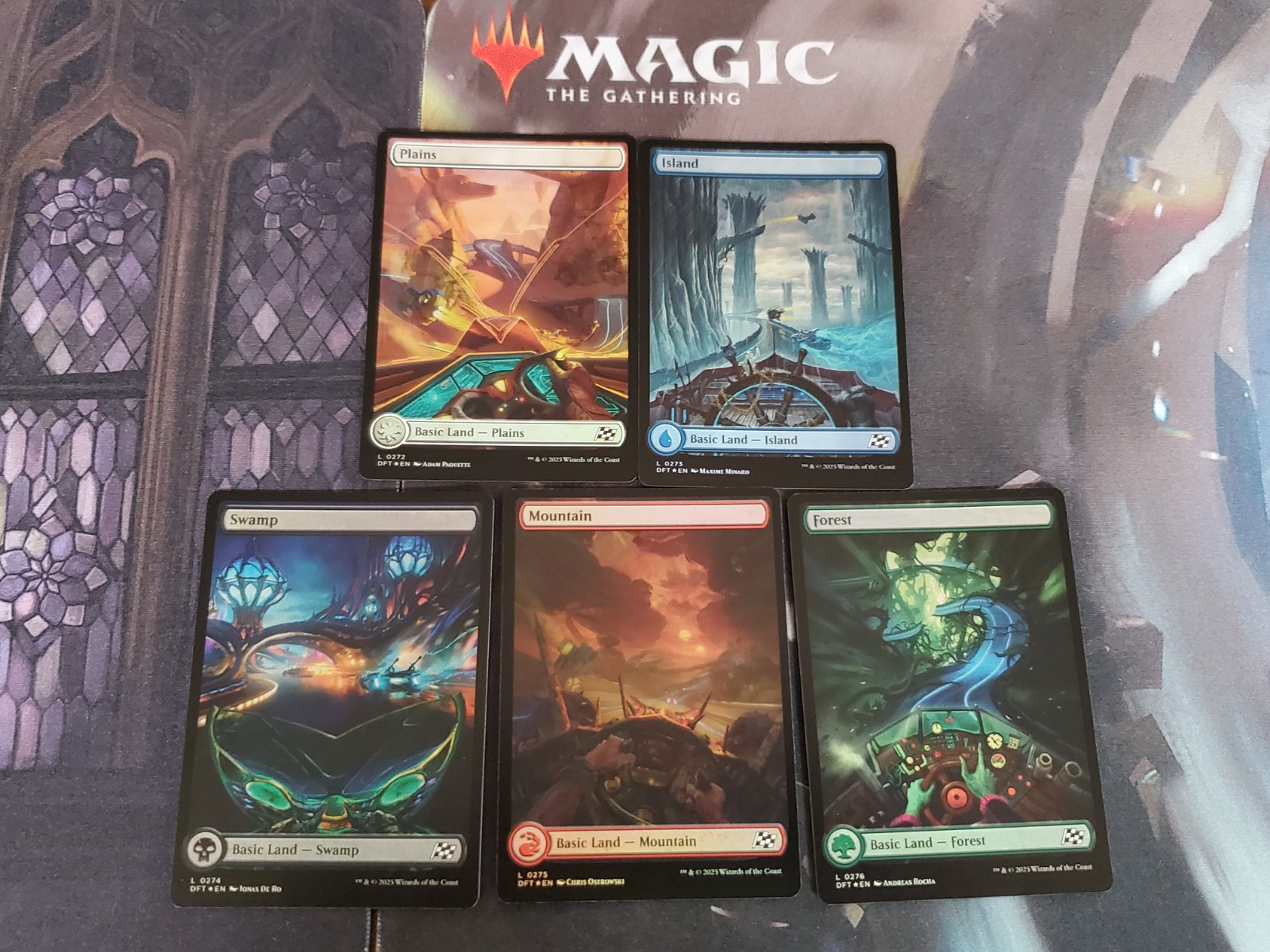 MTG. Aetherdrift Full Art Basic Land Set. Foil. 5 Cards. One Of