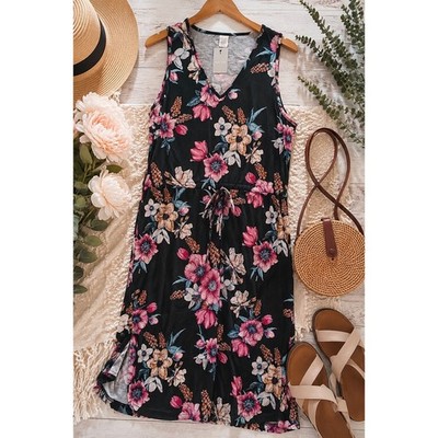 West Loop Womens Large Black Pink Floral Sleeveless V-Neck Drawstring Midi Dress