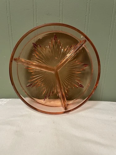 Vintage Pink Depression Glass Divided Candy Dish Nut Bowl Trinket Tray