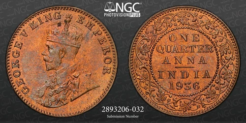 British India 1936(B) INDIA 1/4A NGC MS 65 RB