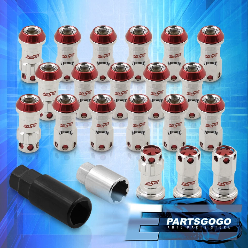 20PCS M12 x 1.25mm Open/Closed Extended Heavy Chrome Steel Racing Lug Nuts Red Foto 4 de 4