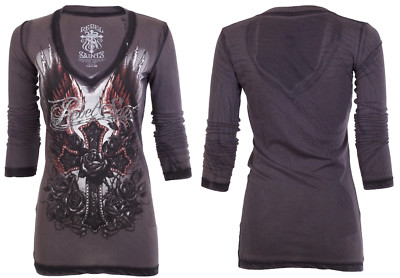 REBEL SAINT by AFFLICTION Womens T-shirt AVA Black NWT