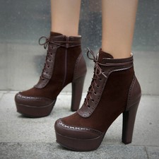 Womens Booties Platform Ankle Boots Round Toe Lace Up Zip High Heels Shoes