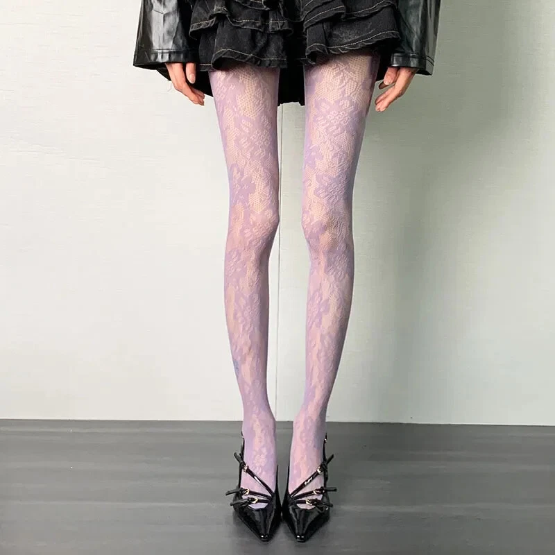 Meia-calça feminina de malha de renda floral estilo meia-calça de verão punk oco Y2K - Imagem 3 de 4