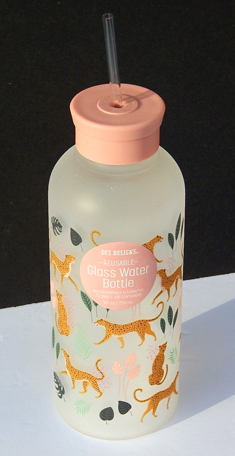 OCS DESIGNS REUSABLE GLASS WATER BOTTLE 25 oz WITH STRAW NEW AUTHENTIC