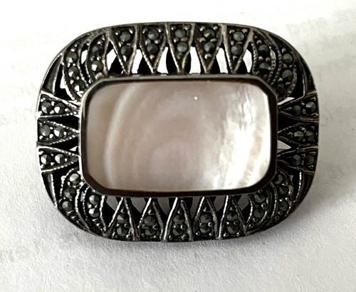 VNTG STAMPED 925 ND STERLING SILVER MOTHER OF PEARL & MARCASITE PIN BROOCH 11.7G