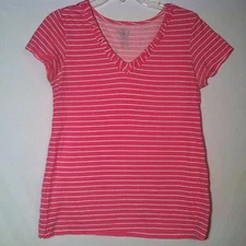 IZOD Pink Striped Short Sleeve V-Neck Blouse Shirt Top WOMEN's Size S Small VGC