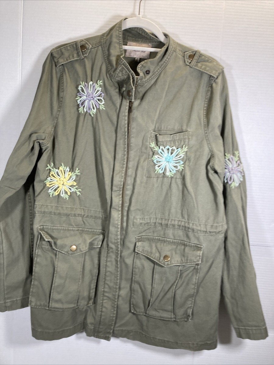Veste Courte Miss Me Brodée Fleurs Noires - Taille M, 100% Coton, Col à 2 Boutons | Occasion