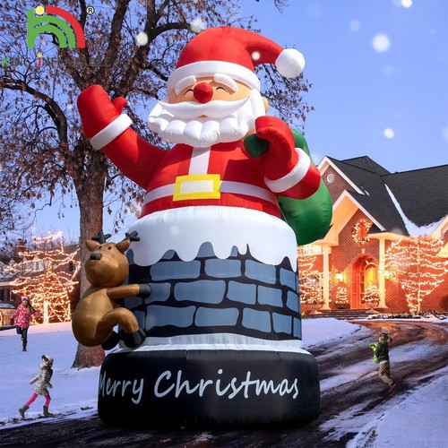 6M/8M/10M Giant Inflatable Santa Outdin Chimney with Reindeer For Holiday Decor