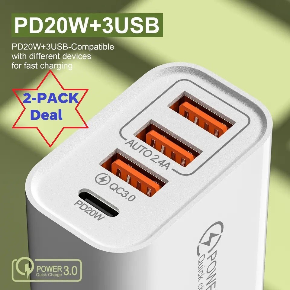 4-Port USB & USB-C Fast Charging Travel Adapter 2-Pack - USA  