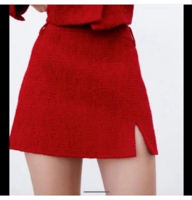 Women's ZARA Red Tweed Mini Skirt with Slit M Bloggers Fave
