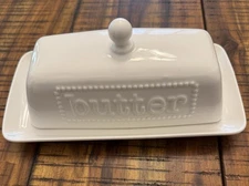 Maison Neuve Ceramic White Butter Dish w/Lid Beaded/Butter Pattern