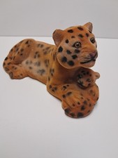 Vintage Flocked Felt Jungle Cat Leopard or Cheetah Figure Mom & Baby Hong Kong