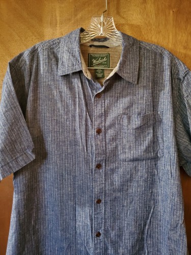 Vintage Woolrich Shirt Men’s Size LG. Hemp Blend Blue Striped Short Sleeve Camp - Picture 3 of 10