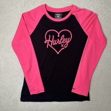 Hurley Girls Long Sleeve Rash Guard Swim Shirt UPF 50 Pink Heart Logo L 14/16