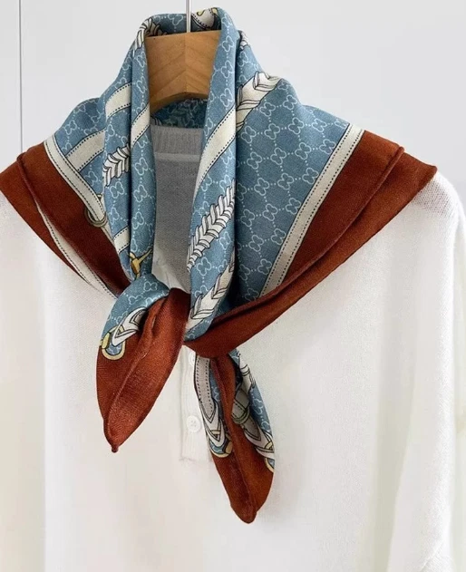70% Cashmere 30% Silk Bandana 65X65cm Scarf Shawl Blue belt Print Neckerchief