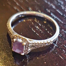 Beaverbrook 18ct White Gold Hallmarked Halo Ring Purple Emerald Cut Size P