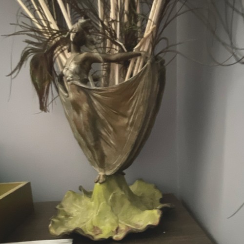 Art Nouveau Bronze Metal Vase with Woman Figure, Leaf Base, Antique Finish