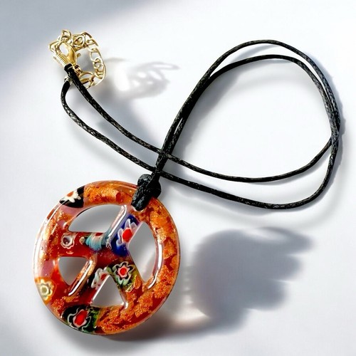 Murano Glass Peace Sign Necklace Millefiori Pendant 1970s Boho Festival Vintage - Picture 5 of 8