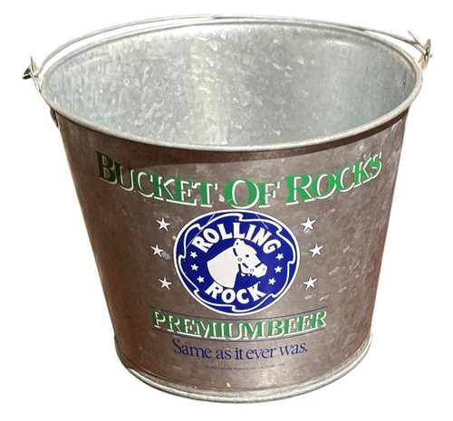 Vintage Rolling Rock Beer Bucket Of Rocks Galvanized Metal Bucket Pale 90s 1992