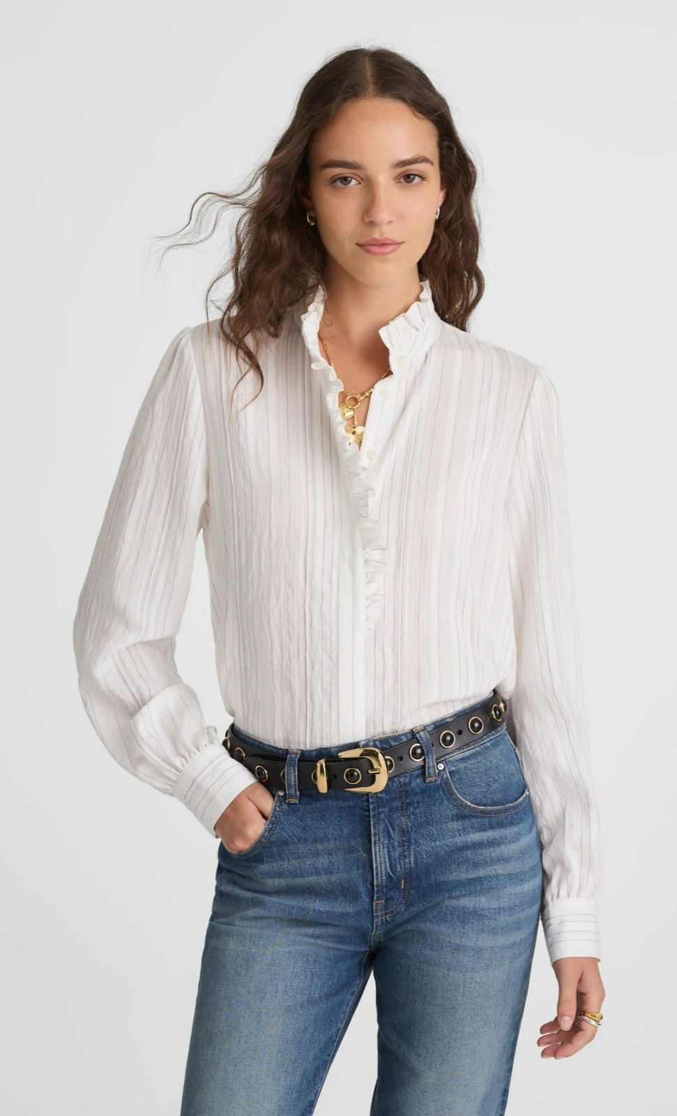 Madewell Ruffled Button-Up Top Blouse Airy Multi-Stripe White XL NW715 NWT $108