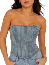 PrettyLittleThing Blue Denim Corset Top Strapless Boned Bustier Sz US 10 Y2K NWT