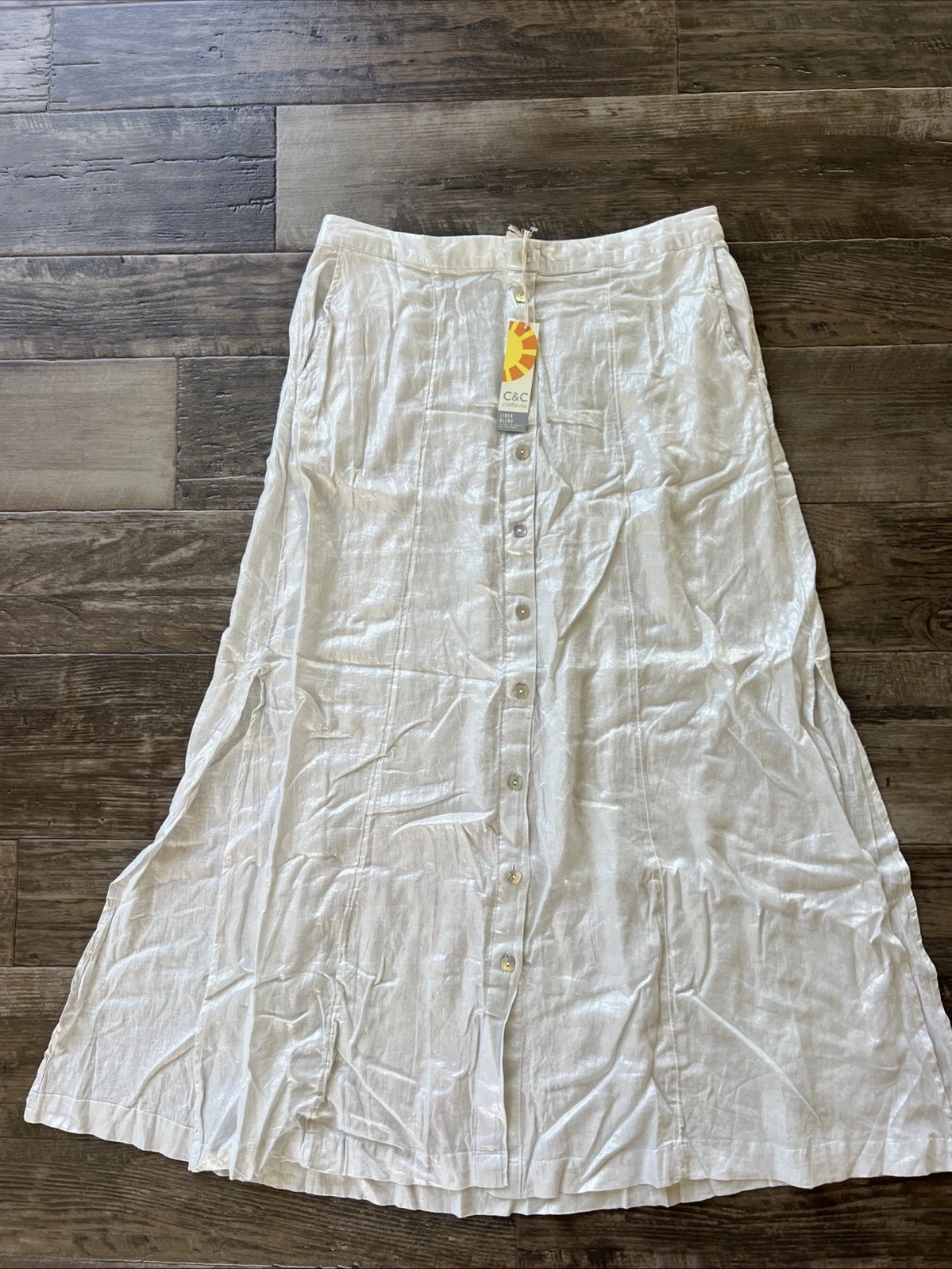 C&C California Linen Blend Silver Button Up Midi Skirt Iridescent Size Large