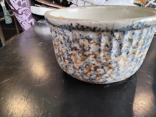 Red Wing Stoneware Spongeware Bowl Blue Brown Ribbed Farmhouse 7" VTG Cracked