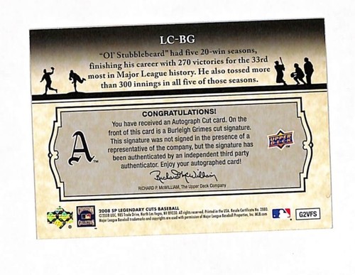 2008 Upper Deck SP Legendary Cuts Burleigh Grimes 12/20 Cut Auto Card Dodgers - 第 2/2 張圖片