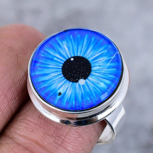 Blue Evil Eye Gemstone Handmade 925 Sterling Silver Jewelry Ring Size 9 i410 - Picture 2 of 3