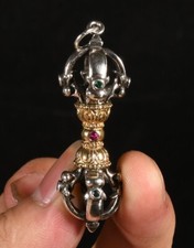Ciondolo amuleto porta pugnale Dorje Vajra Phurba 2'' bronzo dorato argento gemme