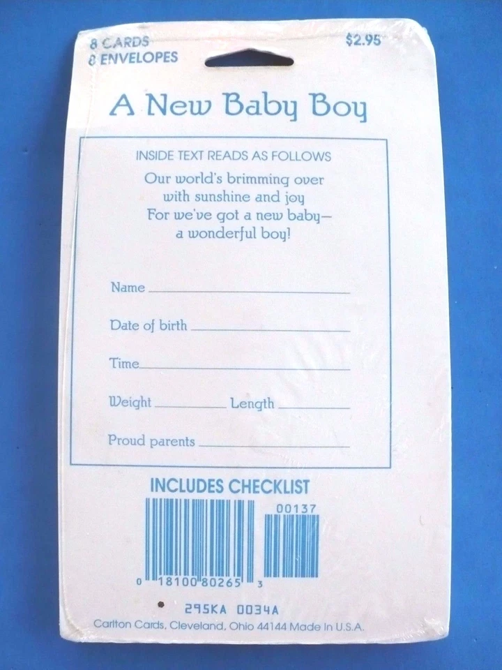 VINTAGE BABY BOY ANNOUNCEMENT CARDS SEALED PKG 8 CARDS/ENVELOPES CARLTON CARDS - Image 2 of 3