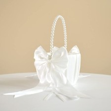 Wedding Flower Girl Basket with Cute Pearl Handle Bowknot Satin Flower Basket...
