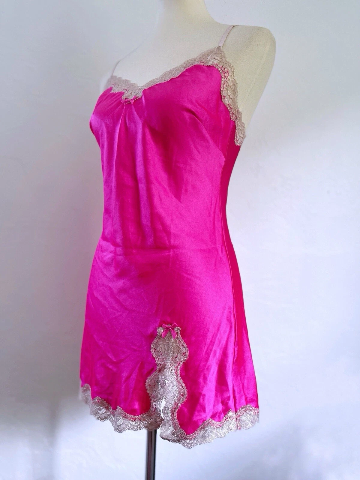 UNDERCOVER Camicia slip vintage Y2K Victoria's Secret S P fantastico rosa neon pizzo raso iconico