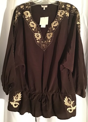 Joie Silk Boho Blouse Gold Embroidered Brown Long Sleeve Peasant Floral NEW - 第 1/17 張圖片