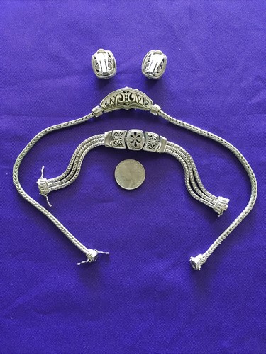 VTG 2-Tone Peridot Green CZ Renaissance Revival Design Necklace Ear Bracelet Set - Picture 4 of 6