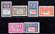 LIBERIA 1952 ERRORS SCOTT #334a–337a & C68–C69 ALL WITH INVERTED CENTERS MINT NH