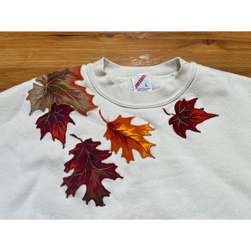 Vintage 90s Embroidered Autumn Leaf Crewneck Sweatshirt USA Made Ivory SZ L - Picture 3 of 5