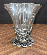 Vtg Handkerchief Clear Glass Vase Pewter Rose Holder 8 Flutes Green Tint Buds