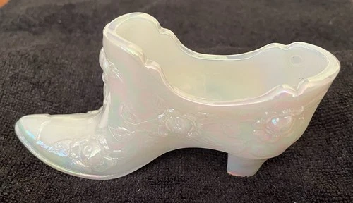 Vintage Collectible Fenton Iridescent White Cabbage Rose Art Glass Slipper