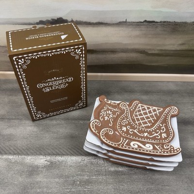 Pottery Barn Gingerbread Sleigh Stoneware Appetizer Plates Set/4 Christmas NIB