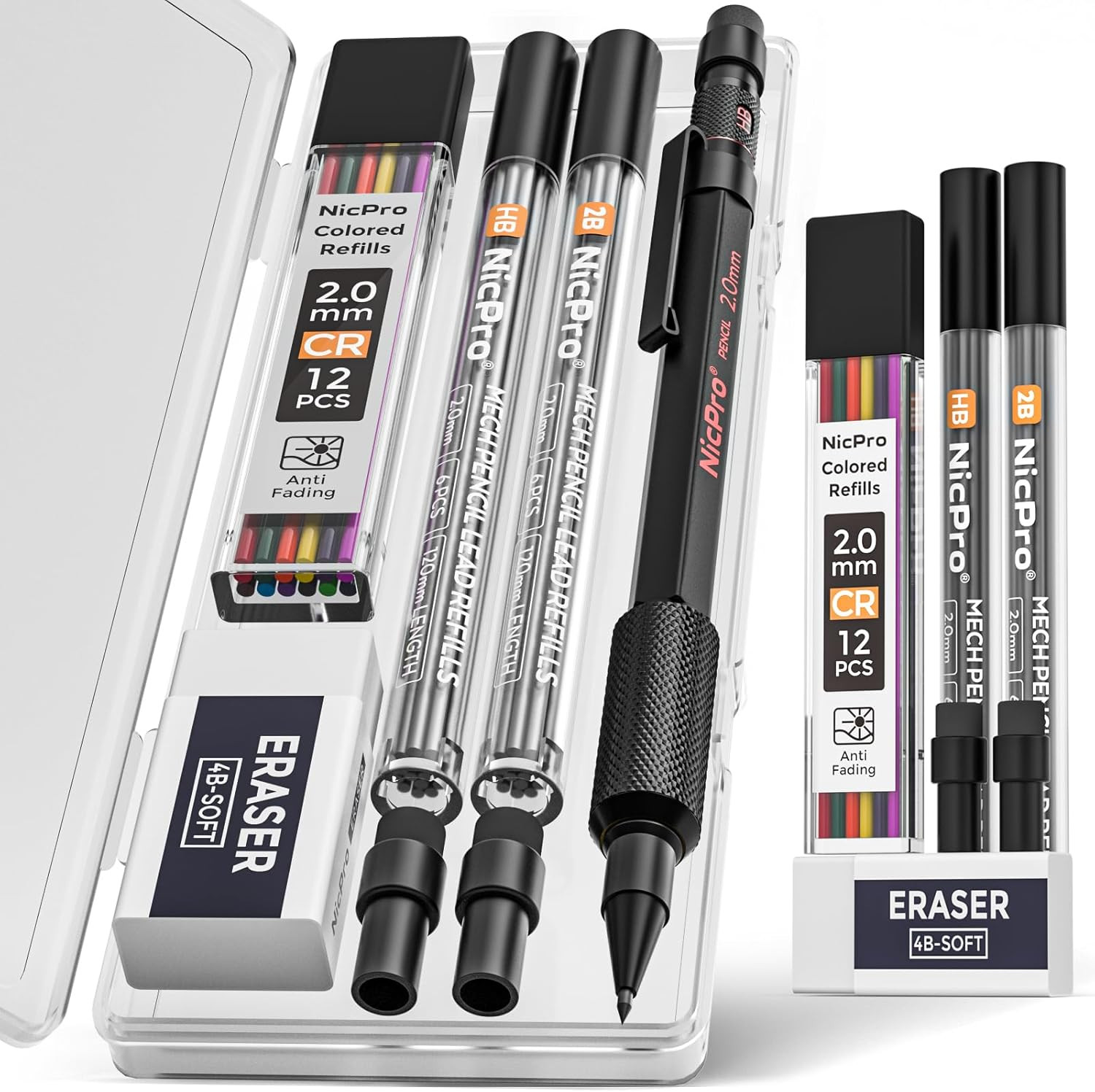 2mm Mechanical Pencils Set with Case, 12 Black & Colored Lead Refills, Erasers -